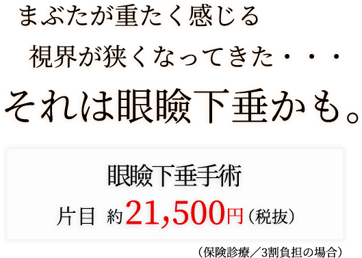 まぶたが重たく感じる 視界が狭くなってきた・・ それは眼瞼下垂かも。眼瞼下垂手術 片目 約21,500円(税抜)