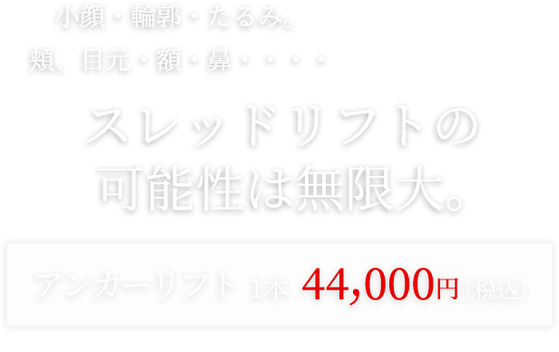 小顔・輪郭・たるみ。頬、目元・額・鼻・・・・スレッドリフトの可能性は無限大。アンカーリフト1本 44,000円(税込)